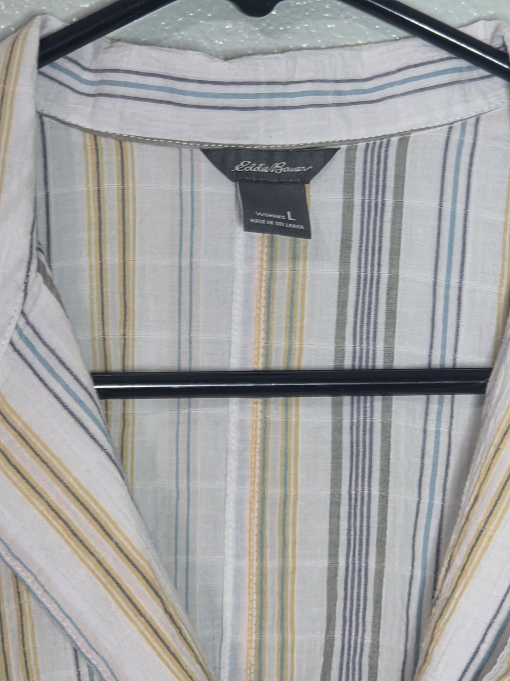 Eddie Bauer Striped Button-Down Short Sleeve Top in White, Yellow & Gray - Picture 4 of 9